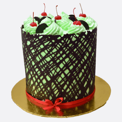 8" chocolate cage cake with chocolate + vanilla + red velvet mix